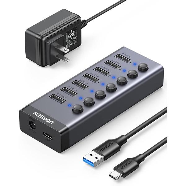 UGREEN Hub USB 3.0, 7 Puertos Independientes con LED e Interruptores