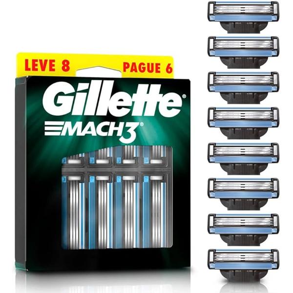 GILLETTE Mach3, Cartucho de Rastrillo para Afeitar, 8 Repuestos con 3 Hojas